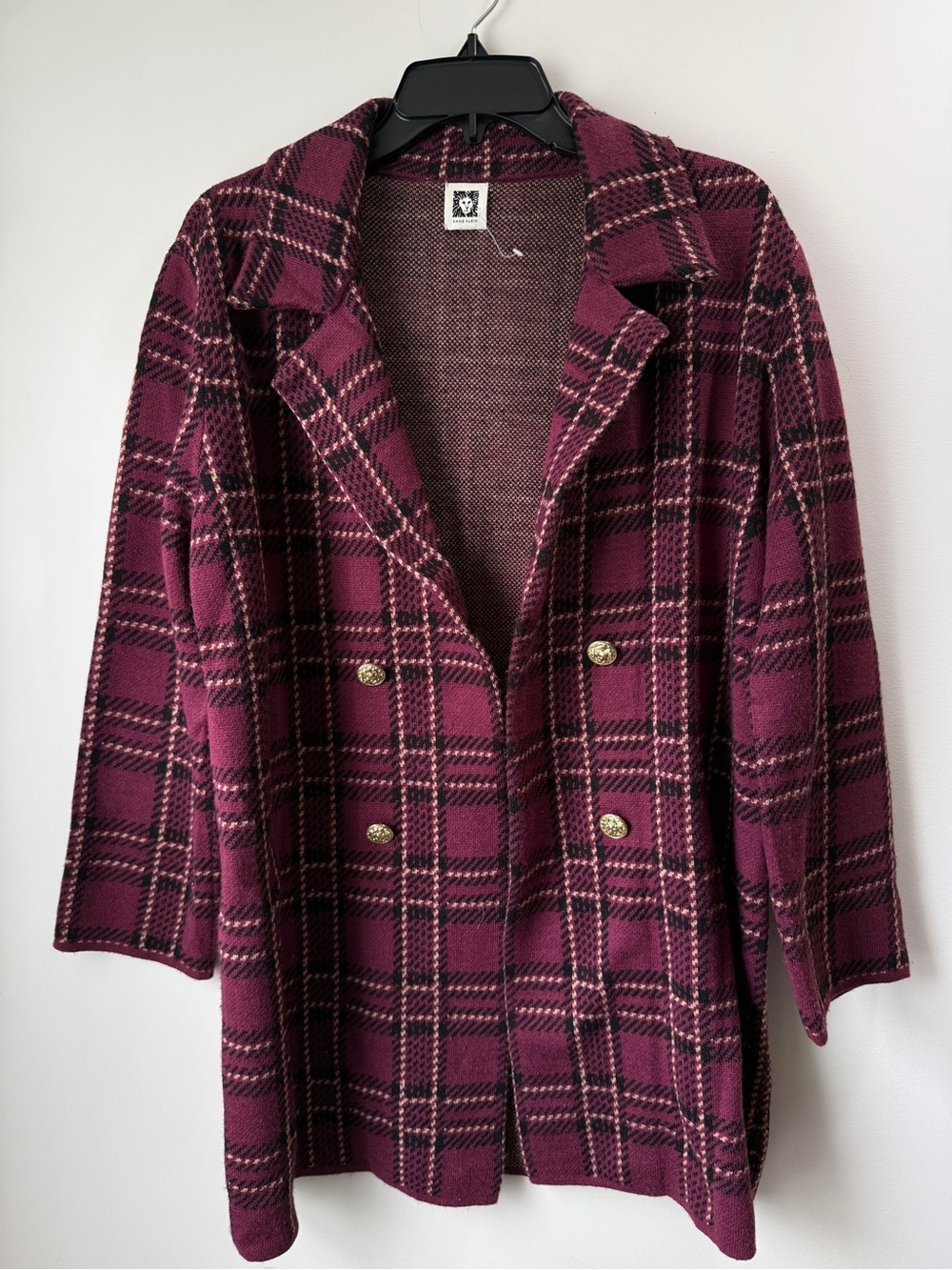 Anne Klein Burgundy Plaid Double-Breasted Coatigan with Gold Buttons